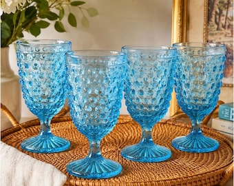 Vintage MCM Ice Blue Turquoise Hobnail Bubble Glass Goblets Set of 4 Pedestal
