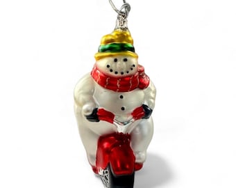Vintage Dept 56 Hand Blown Mercury Glass Large 9" Ornament NWT Snowman Tricycle