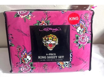 Ed Hardy King Sheet Set 4pc Pink Skull Butterfly Rose Tattoo Y2K Whimsigoth NEW