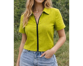 Top de lino con cremallera estilo vintage de los 90, Y2K, verde lima, minimalista, Office Siren, USA Luxury