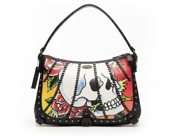 NWT Ed Hardy Black Hobo Shoulder Bag Tote Purse Y2K Charms Skull Rose Studded
