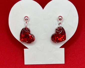 Earrings. Heart earrings. Valentines Day Red Heart Glitter and Resin dangle studs.