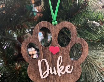 Ornament. Pet. Paw. Cat. Dog. Personalized wood laser cut Paw ornaments.