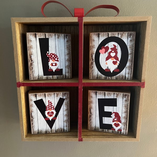 Valentine’s St Patricks Day decor. Rustic Gnome. LUCK. LOVE. Reversible Valentine’s Day. Handmade decoupaged decorative wood blocks. 4pc set