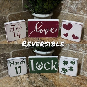 St. Patrick’s Day decor. Reversible. Valentine’s Day. Rustic. Handmade decorative wood blocks. 3pc set.
