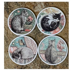 Cat decor. Cat coaster. Ceramic kitty cat coaster set of 4.