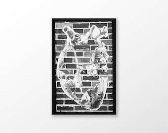 Heart on Brick Wall Print: Black & White Urban Photography