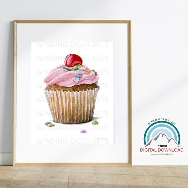 Cupcake Painting / Pink Cupcake Art Print / Cherry Cupcake Digital Print / Cute Nursery Art / Cupcake Food Illustration / Kitchen Art