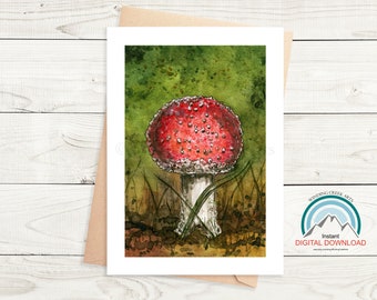 Red Amanita Mushroom Greeting Card, Printable Card, Mushroom Art Greeting Card, Woodland Landscape Blank Card, Forest Nature Card, Botanical