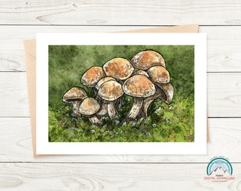 Toadstools in Moss Mushroom Greeting Card, Printable Card, Woodland Landscape Blank Card, Forest Nature Card, Botanical Card, Cottagecore