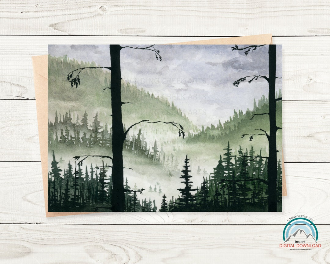 Printable Greeting Card / Watercolor Card / Forest Landscape Card / 5x7 ...