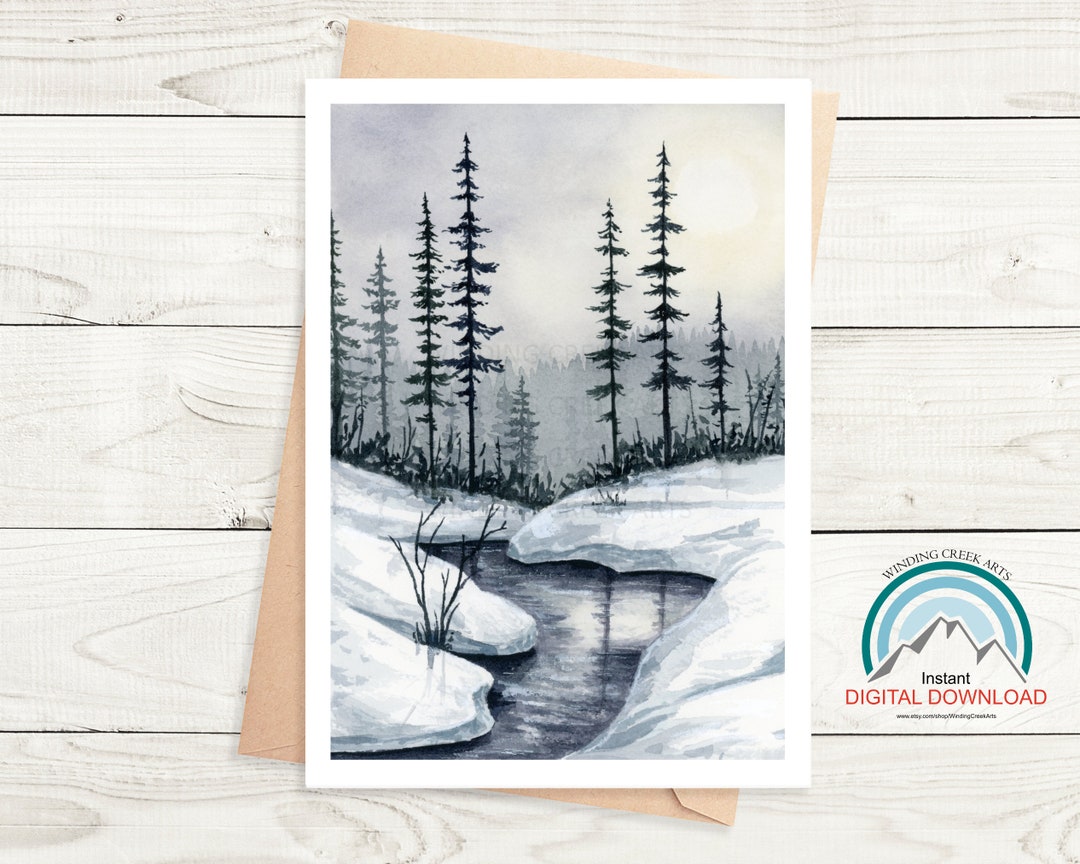 Watercolor Winter Landscape Card, Snowy Trees (digital Download) - Etsy
