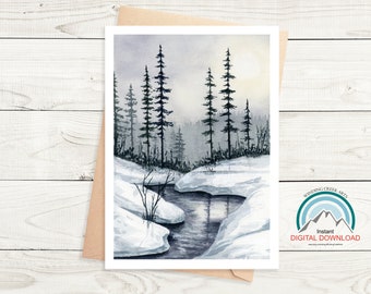 Printable Watercolor Card/ Winter Holiday Card / Snowy Landscape Card / Winter Landscape / Winter Greeting Card / Christmas Card / Thankyou