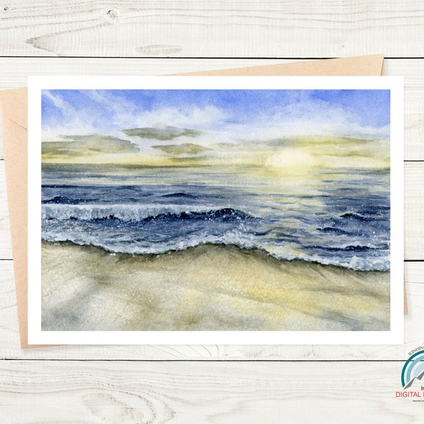 Printable Watercolor Card/ Ocean Beach Card / Ocean Sunrise Card / Ocean Landscape / Watercolor Landscape / Ocean Card / Beach Greeting Card