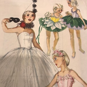 Komplettes Ballerina-Tutu für Mädchen von Simplicity 4863, Größe 6, aus den 1950er Jahren mit Stäbchenoberteil, Blütenblattrock und langem Tutu; Büste 24", Taille 22".