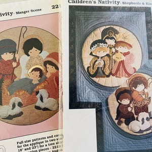 May include: Two pages from a craft pattern book showing children's nativity scenes. One page depicts a manger scene with figures and animals in a circular design. The other page shows a quilted design with shepherds and kings.