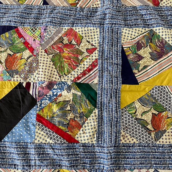 78" long x 71" wide vintage crazy quilt top stitched completely by hand, fun, bright colors and patterns of all kinds, all-cotton, I believe