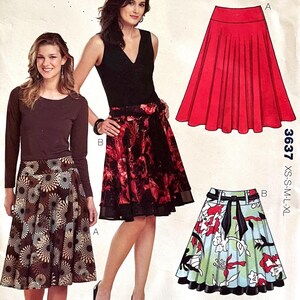 May include: An image of a sewing pattern for skirts. The pattern includes illustrations of three different skirt designs: a red pleated skirt, a floral print skirt, and a brown floral skirt. The pattern also shows two women wearing the skirts.