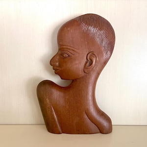 Hagenauer-style hand-carved wooden head of ethnic person (African?), side view, beautiful details, excellent finish; 12.5&quot; tall x 8.5&quot; wide.