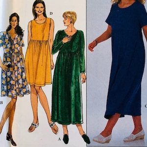 May include: A sewing pattern illustration featuring four dress designs: a short-sleeved floral dress with a gathered waist, a sleeveless yellow dress, a long-sleeved dark green dress with a gathered waist, and a solid blue short-sleeved midi dress.