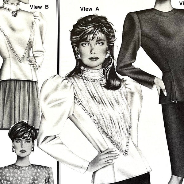 UNCUT 1989 Stretch & Sew 353 misses' button-back Victorian blouses with nipped-in waist, peplums, stand-up collar; busts 30"-46" included.