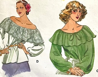Complete 1977 Butterick 5714 misses' peasant blouse with long full sleeves, neckline ruffle in two lengths; size M (12-14), busts 34"-36".