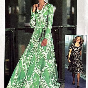May include: A long-sleeved, floor-length green dress featuring a white geometric lattice pattern and a matching tie belt. Beside it, a shorter black dress with a white leaf-like print, short sleeves, and a flared skirt is shown in an inset image.