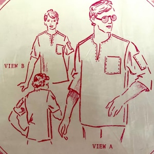 May include: Red line drawing of a shirt pattern with three views labeled A and B. The shirt has a V-neck, a pocket, and patches on the sleeves. The drawing is on a white background with a pink floral border.