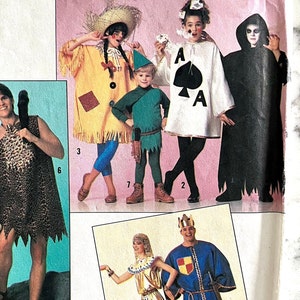 May include: A page from a sewing pattern book featuring various Halloween costumes. The costumes include a scarecrow, a card player, a ghost, a caveman, a king, and a princess. The page also includes the text "Easy to Sew".