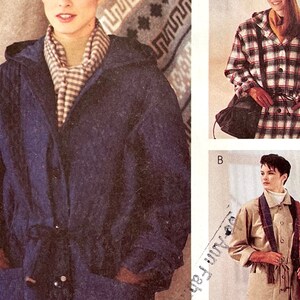 May include: A sewing pattern illustration featuring three jacket styles: a dark blue hooded jacket, a red and white plaid hooded jacket with a drawstring waist, and a tan jacket with a collar, all shown with scarves and accessories.