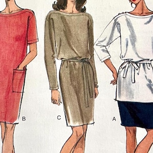 Puede incluir: Ilustración de tres vestidos. El primero es un vestido rojo de manga corta con bolsillos. El segundo es un vestido beige de manga larga con cinturón. El tercero es una blusa blanca con una falda azul marino y botones decorativos.