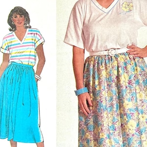 May include: Two women wearing skirts and tops. The woman on the left is wearing a blue skirt with a striped pink and white top. The woman on the right is wearing a white top with a floral skirt and a white belt.