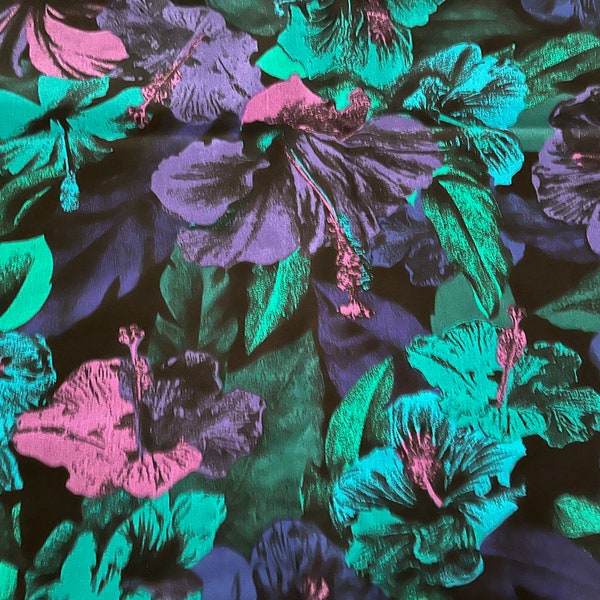 43" wide x 4+ yards long "Jewels of the Jungle" all-cotton floral south seas print; jade, turquoise, purples and black---excellent condition