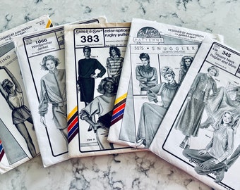 UNCUT vintage Stretch & Sew misses&#39; sportswear and leisure wear patterns, running shorts, track jackets, polo shirts, lounge gown, sweaters.