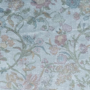 May include: Close-up of a floral pattern on a light blue background. The design features flowers in shades of pink, blue, and orange, with green stems and leaves. The fabric has a textured appearance, suggesting a vintage or antique style.