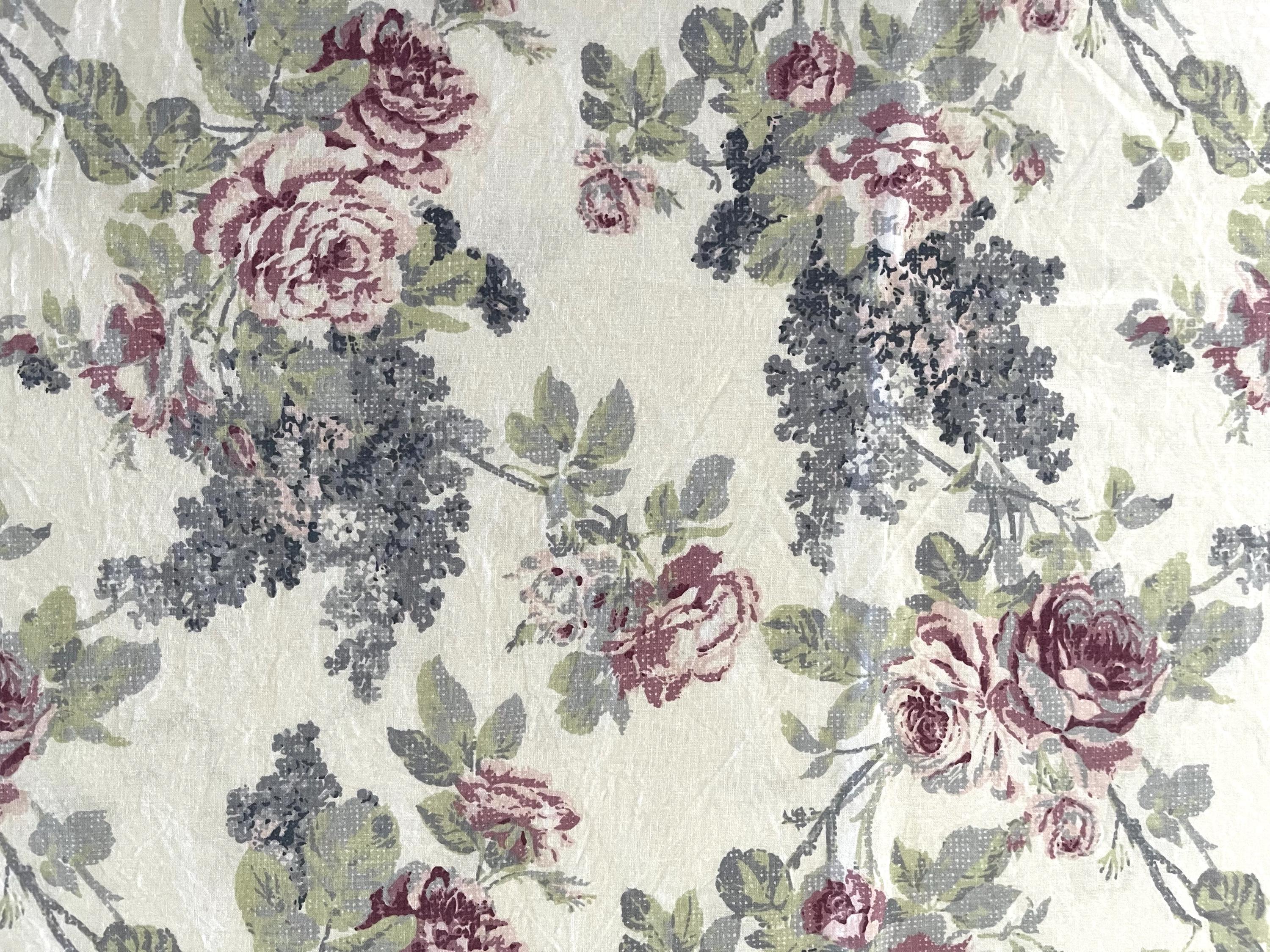 King-sized flat floral sheet by The Farmhouse by Rachel Ashwell, 100% cotton in florals of pinks, blues, grays, greens, shabby chic.