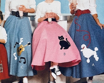 UNCUT 1994 McCall's 7253 or 6101 misses' or girl's sock hop & skirt petticoat pattern, novelty appliqués; girl's size 7-14, adult size XS-L