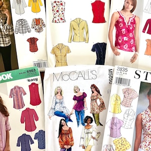 May include: A collection of sewing patterns for blouses and tops. The patterns feature various styles, including button-down shirts, sleeveless tops, and blouses with different sleeve lengths. The color palette includes white, red, yellow, and pink.