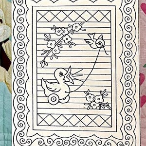 May include: A black and white line drawing of a duck pulling a bird on a string. The duck is on wheels and the bird is flying. The drawing is surrounded by a decorative border.