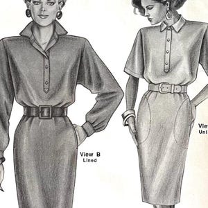 Puede incluir: Ilustración de dos diseños de vestidos. La vista B presenta un vestido de manga larga con cuello, frente abotonado y cintura con cinturón. La vista A muestra un vestido de manga corta con un diseño similar. Ambos vestidos tienen una falda lápiz.