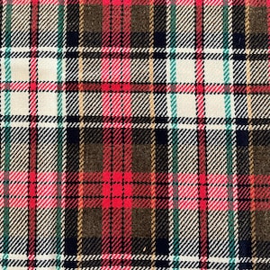 May include: A red, white, black, brown, and green plaid fabric with a woven texture.