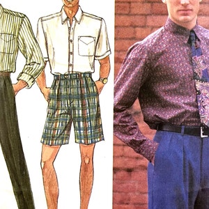UNCUT 1993 Simplicity 8571 men&#39;s button-front dress shirt with long or short sleeves, pleated front pants or shorts; men&#39;s sizes 38&quot;-44&quot;.