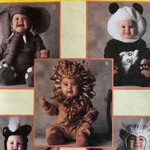 UNCUT 1997 McCall's 209/8938 baby animal costumes by Tom Arma Studio; elephant, panda, skunk,  lion and  monkey; toddler size 1.