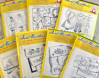 UNCUT, most unopened, vintage Aunt Martha's hot iron transfers for linens, tea towels, embroidery and cross stitch, selling individually.