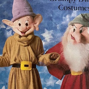 Complete, mostly uncut, 1986 Simplicity 7736 adults Disney's Dopey Dwarf and Grumpy Dwarf costume pattern; adult size L, chest 40"-42".