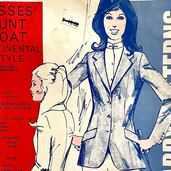 UNCUT 1981 Jean Hardy Patterns No. 870, misses' hunt coat, continental style; three buttons, lined, 2 back vents, fitted blazer; sizes 6-18