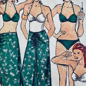 Complete 1980&#39;s Butterick 6537 misses&#39; bikini, swimsuit and shirred and tied cover-up designed by John Kloss; size 14, bust 36&quot;, waist 28&quot;