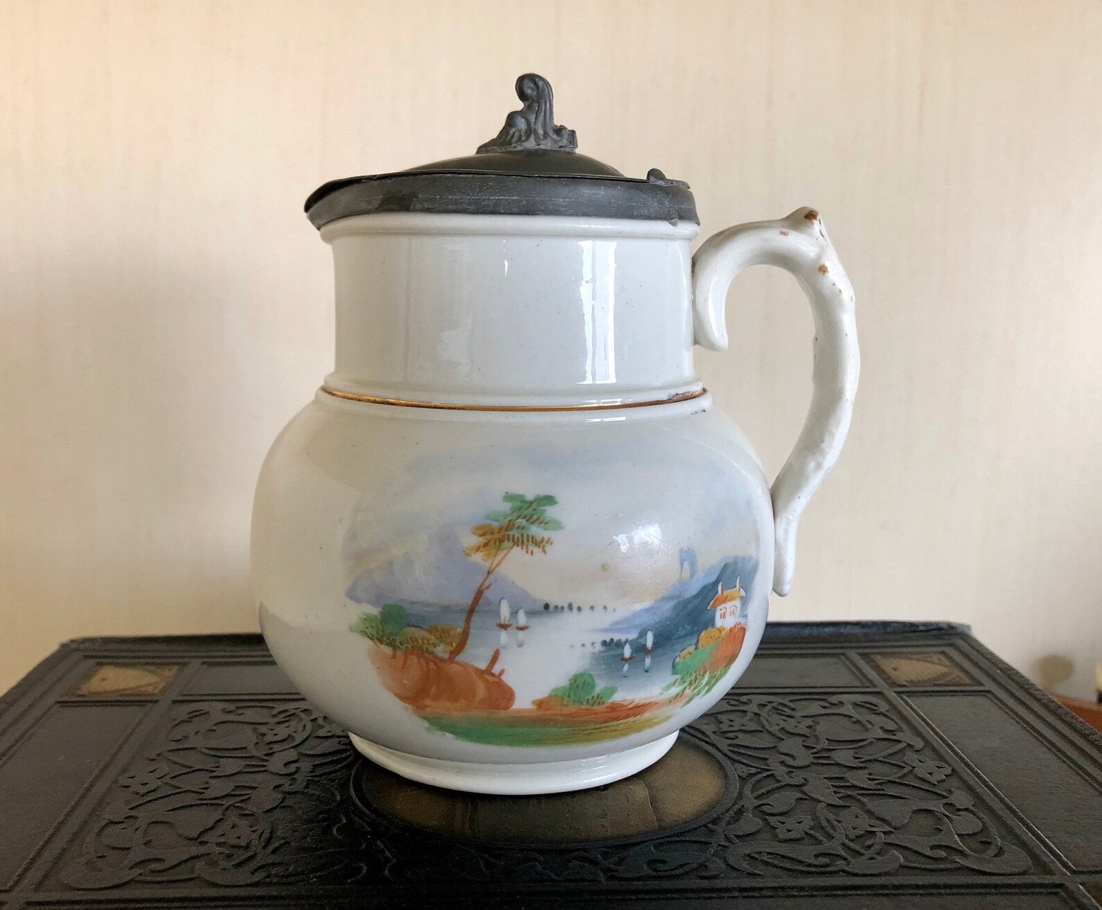 Vintage metal-lidded ceramic syrup pitcher with applied | Etsy