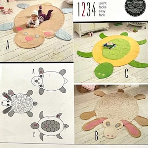 May include: A sewing pattern envelope featuring instructions and illustrations for three animal-shaped floor mats. Designs include a tan bear, a green and yellow turtle, and a beige sheep with pink ears. The text 1234, leicht, facile, easy, fácil is visible.