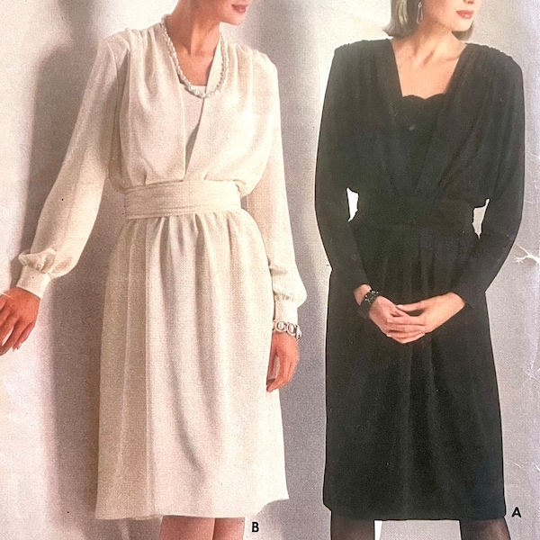 robe habillée non coupée Butterick 6271 des années 1980 avec ceinture et manches longues à revers, corsage drapé ; taille 14, buste 36".